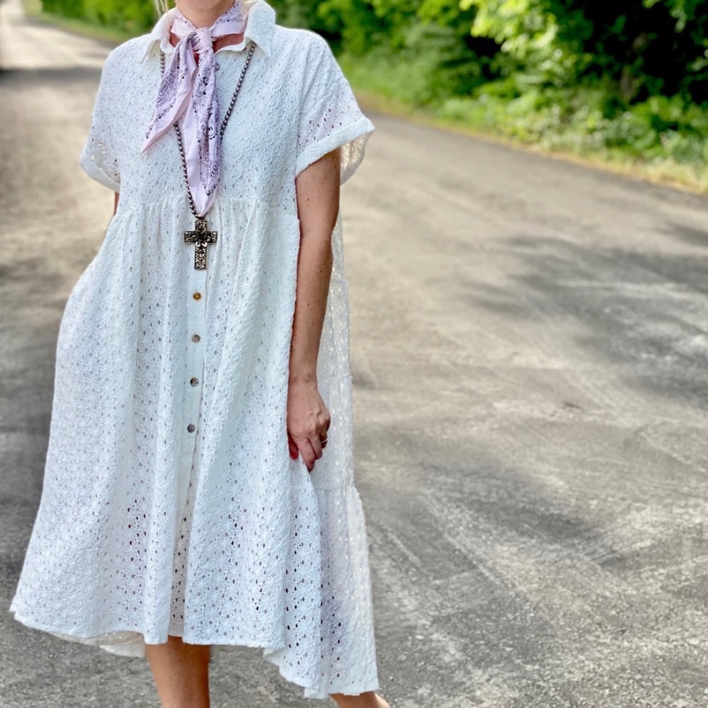 New OLI + HALI Camilla Midi Dress White Eyelet Boho Oversized Cotton Tiered Knit - Picture 12 of 12
